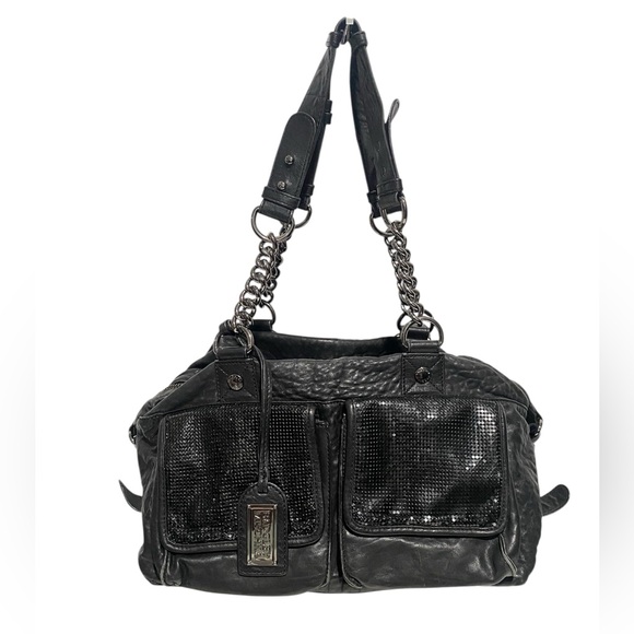 BADGLEY MISCHKA Leather Satchel Black Chain Shoulder Bag - Picture 1 of 8